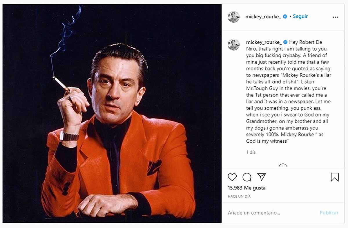 Mickey Rourke reinicia pelea de 30 años con Robert De Niro mickey rourke instagram robert de niro
